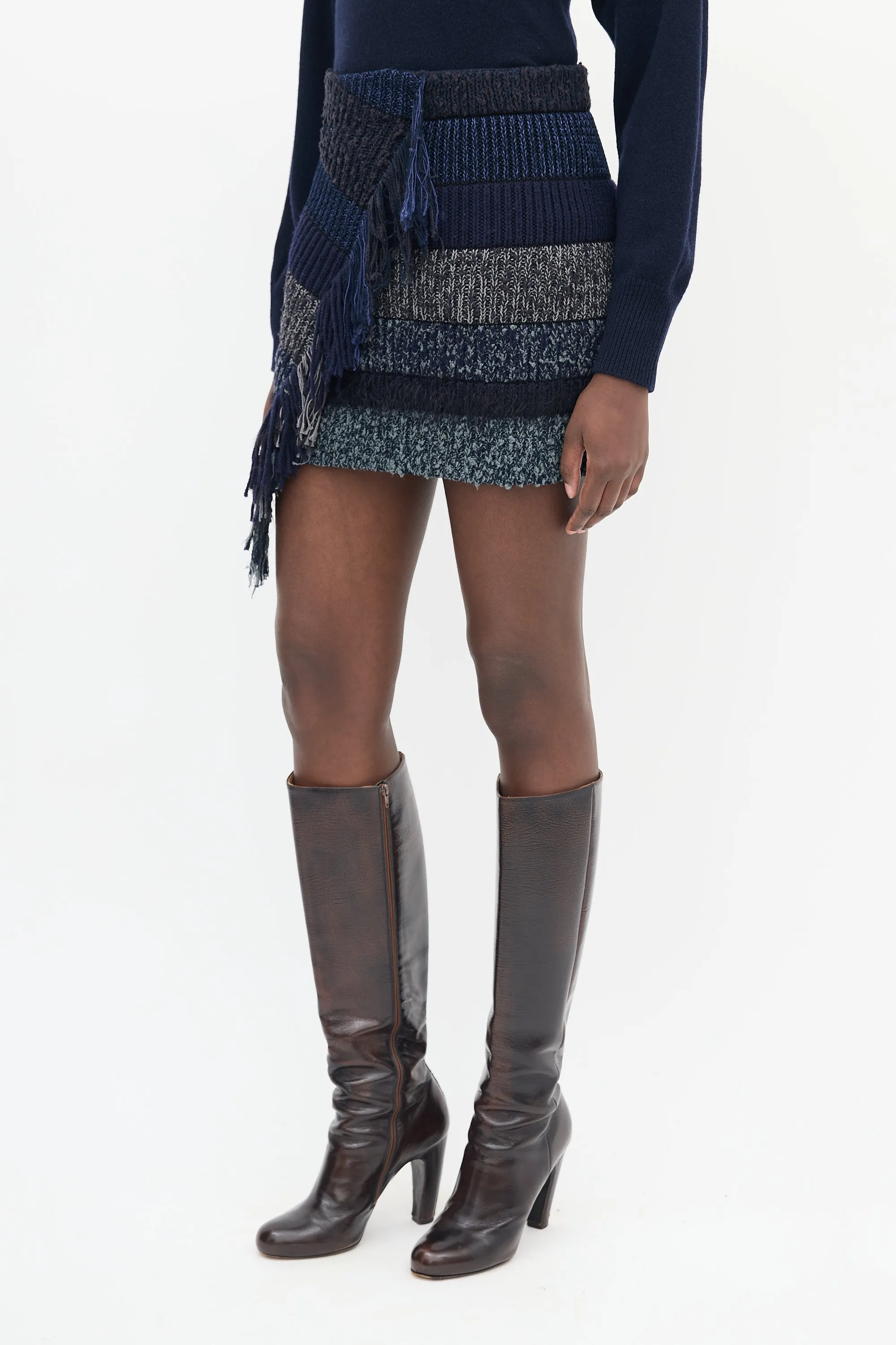 Navy Knit Striped Fringe Mini Skirt