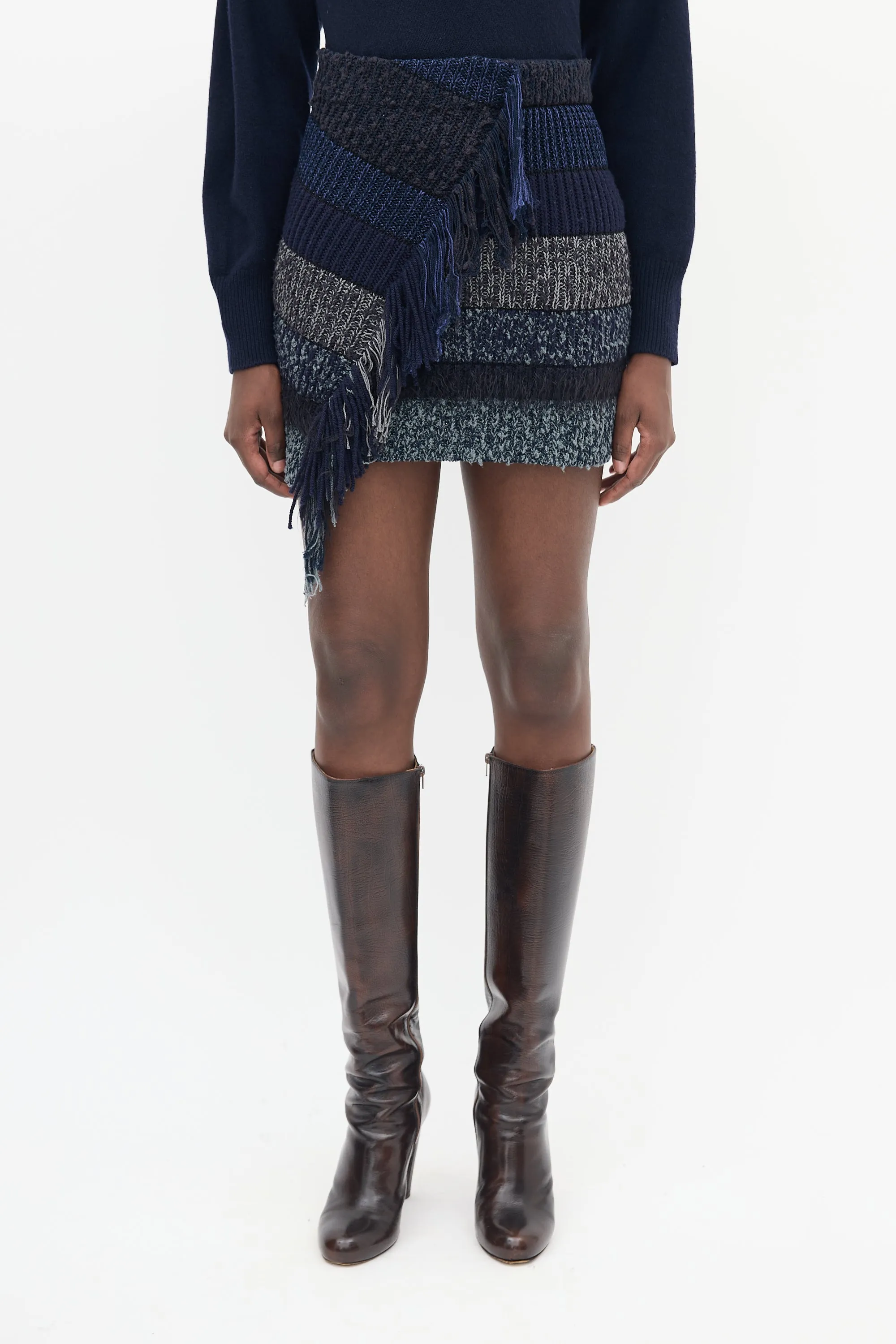 Navy Knit Striped Fringe Mini Skirt