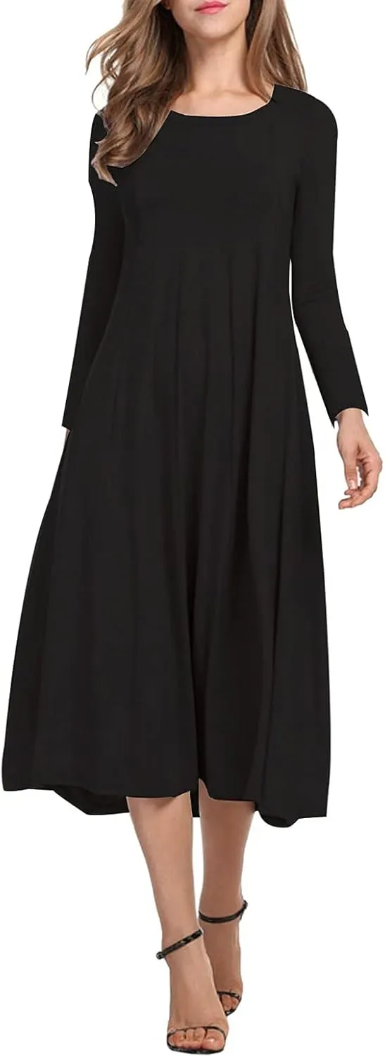 Necooer Women's Casual Loose Plain Pleated Long Dress Short Sleeve Midi Dresses