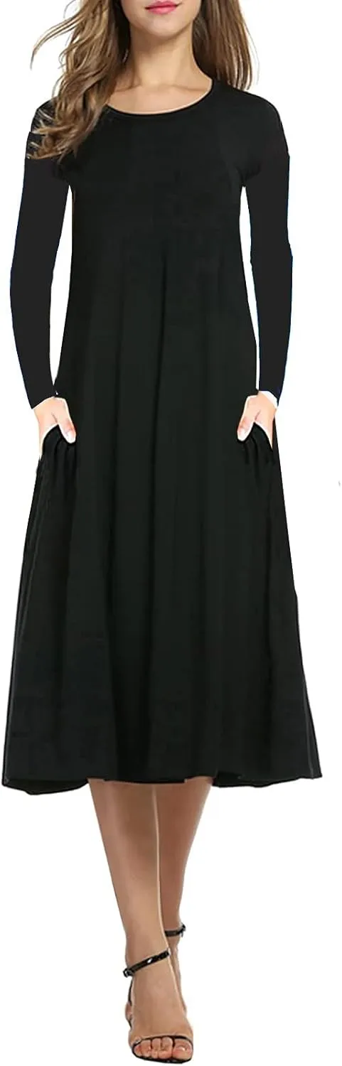 Necooer Women's Casual Loose Plain Pleated Long Dress Short Sleeve Midi Dresses