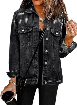 Necooer Women's Jean Jacket Distressed Washed Button Up Boyfriend Denim Jacket Coat With Pockets