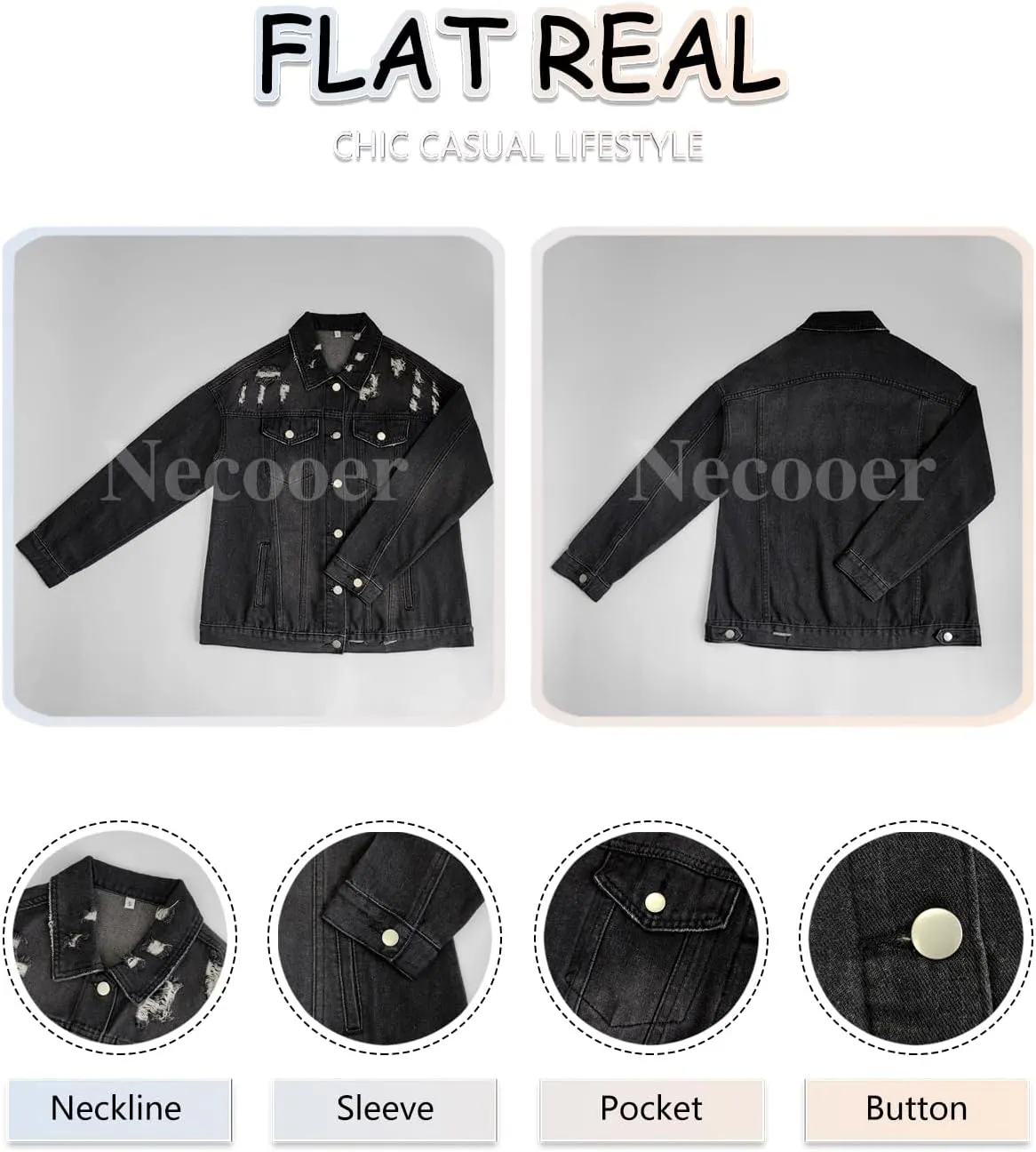 Necooer Women's Jean Jacket Distressed Washed Button Up Boyfriend Denim Jacket Coat With Pockets