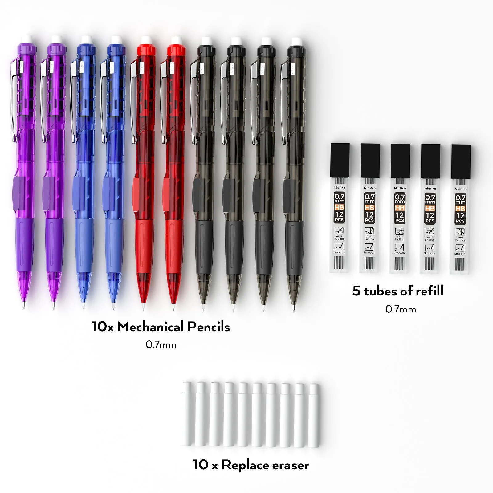 Nicpro 0.7mm Mechanical Pencil Bulk Set, 10 PCS Colored Lead Pencils with 5 Tubes HB Lead Refill and 10 Eraser Refills, Refillable Design for Student Drafting, Drawing, Writing, Sketching