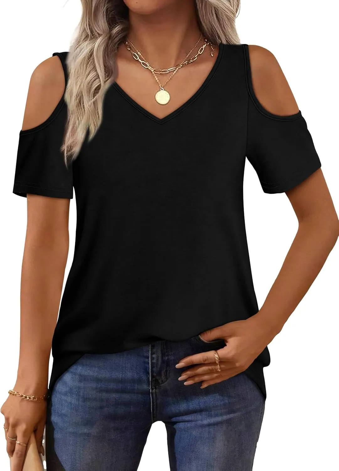 OFEEFAN Womens Tops Cold Shoulder Short Sleeve V Neck Tee Shirts Summer Spring Dressy Casual Plain/Printed