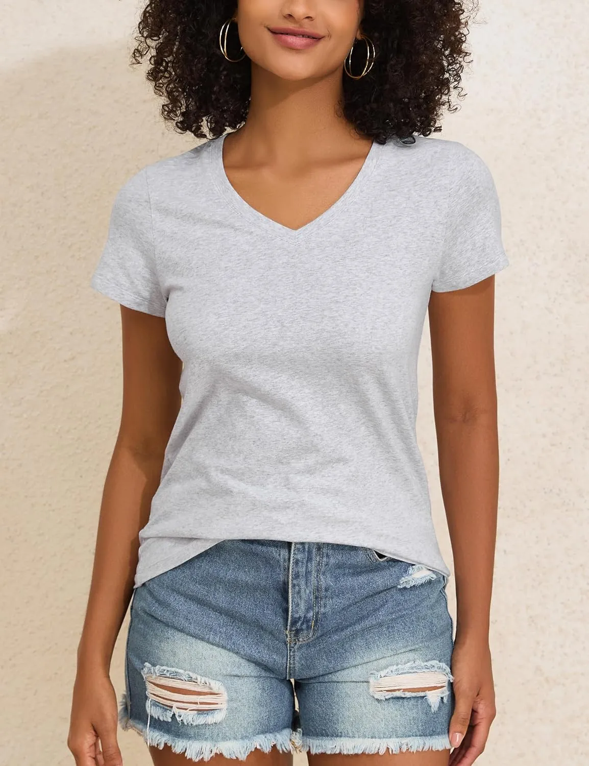 PrettyGuide Women's Tops Cotton Jersey Short Sleeve V Neck T Shirts Trendy Casual Loose Fit Summer Basic Cotton Tops Tee
