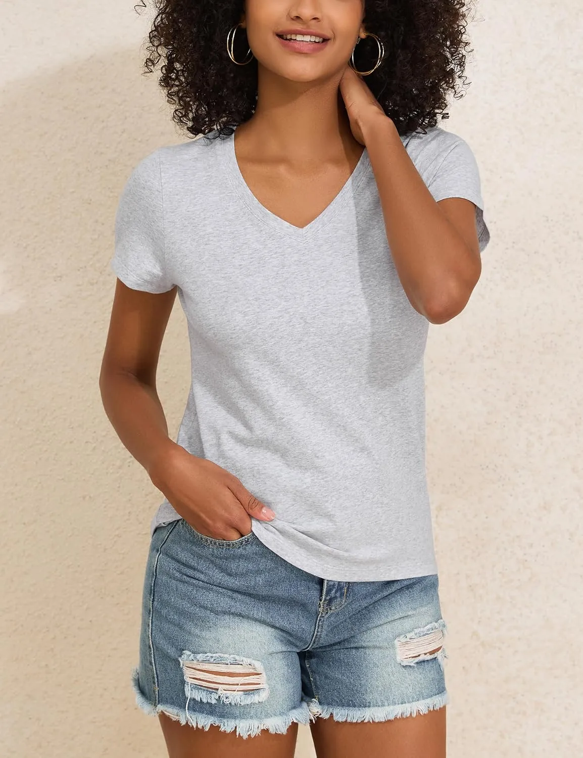 PrettyGuide Women's Tops Cotton Jersey Short Sleeve V Neck T Shirts Trendy Casual Loose Fit Summer Basic Cotton Tops Tee