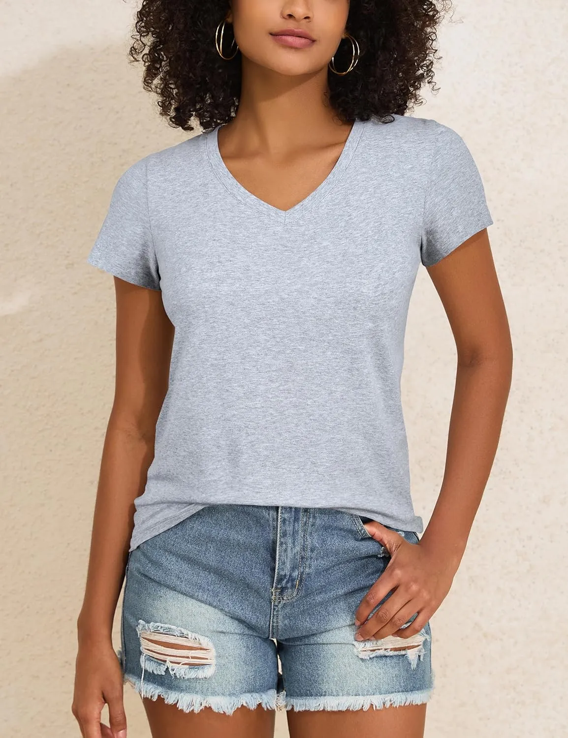 PrettyGuide Women's Tops Cotton Jersey Short Sleeve V Neck T Shirts Trendy Casual Loose Fit Summer Basic Cotton Tops Tee