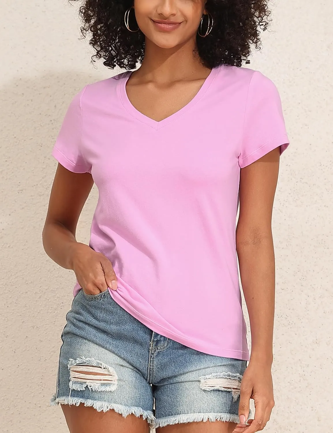 PrettyGuide Women's Tops Cotton Jersey Short Sleeve V Neck T Shirts Trendy Casual Loose Fit Summer Basic Cotton Tops Tee