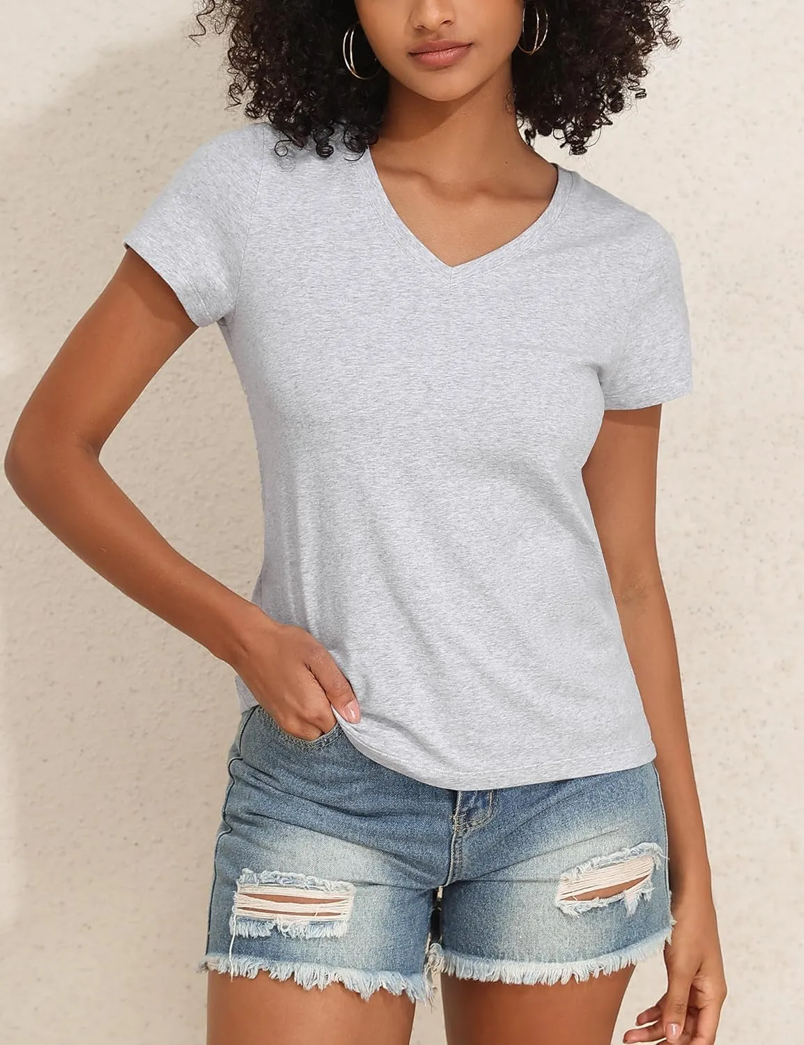 PrettyGuide Women's Tops Cotton Jersey Short Sleeve V Neck T Shirts Trendy Casual Loose Fit Summer Basic Cotton Tops Tee