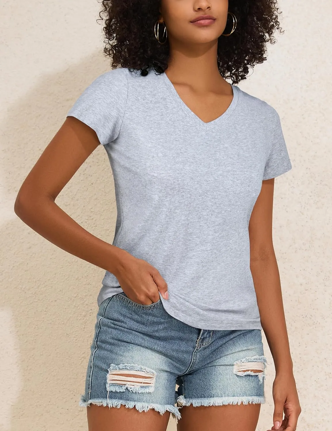 PrettyGuide Women's Tops Cotton Jersey Short Sleeve V Neck T Shirts Trendy Casual Loose Fit Summer Basic Cotton Tops Tee