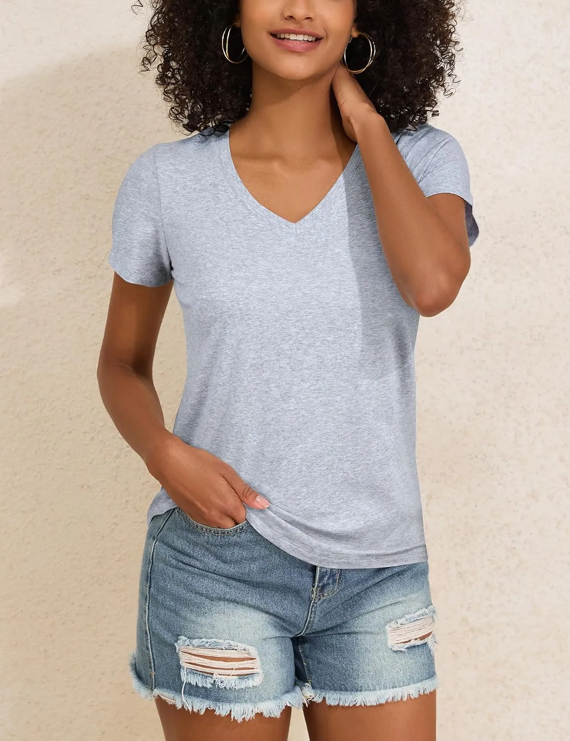 PrettyGuide Women's Tops Cotton Jersey Short Sleeve V Neck T Shirts Trendy Casual Loose Fit Summer Basic Cotton Tops Tee