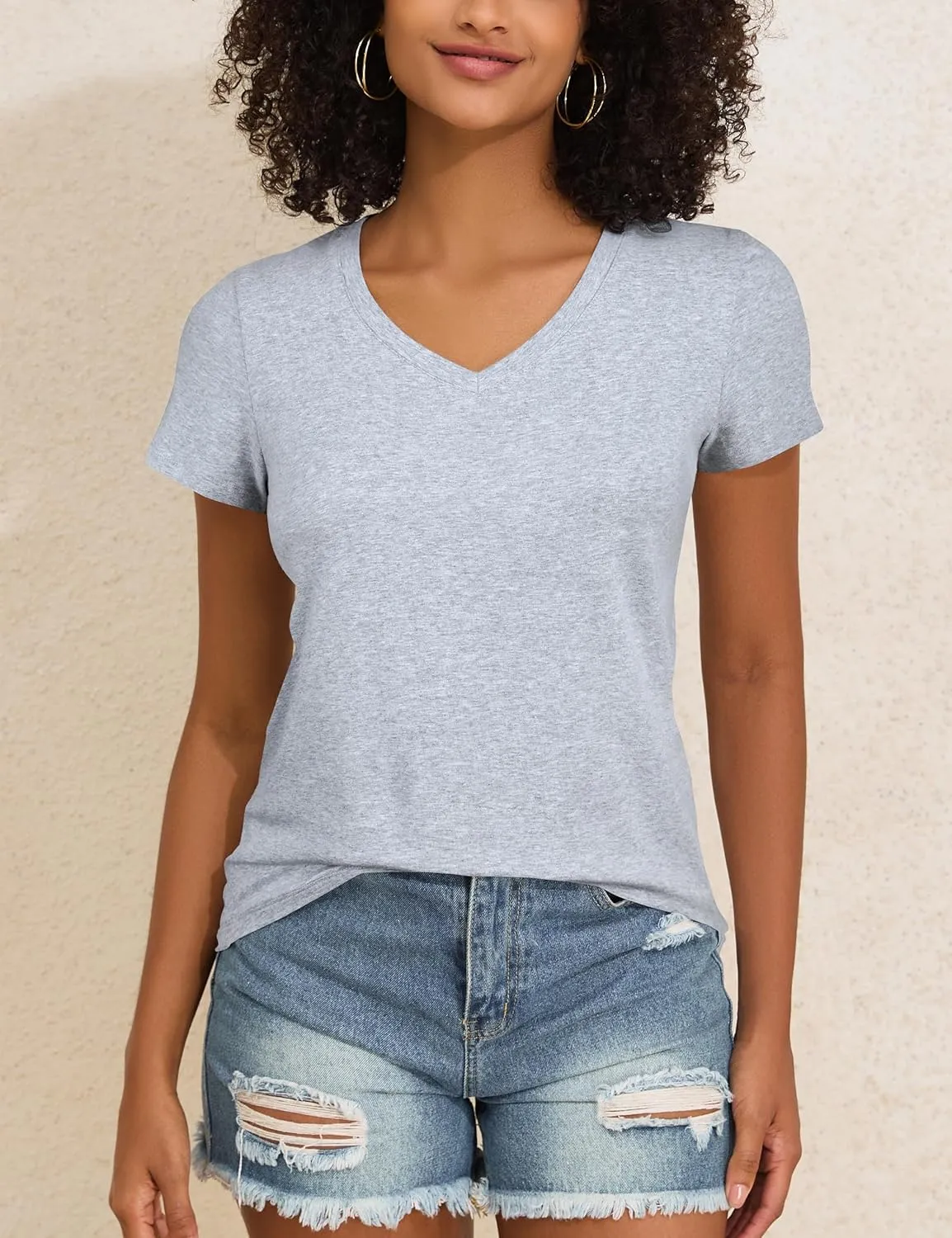 PrettyGuide Women's Tops Cotton Jersey Short Sleeve V Neck T Shirts Trendy Casual Loose Fit Summer Basic Cotton Tops Tee