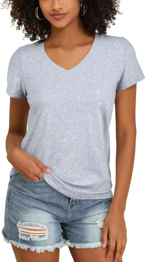 PrettyGuide Women's Tops Cotton Jersey Short Sleeve V Neck T Shirts Trendy Casual Loose Fit Summer Basic Cotton Tops Tee