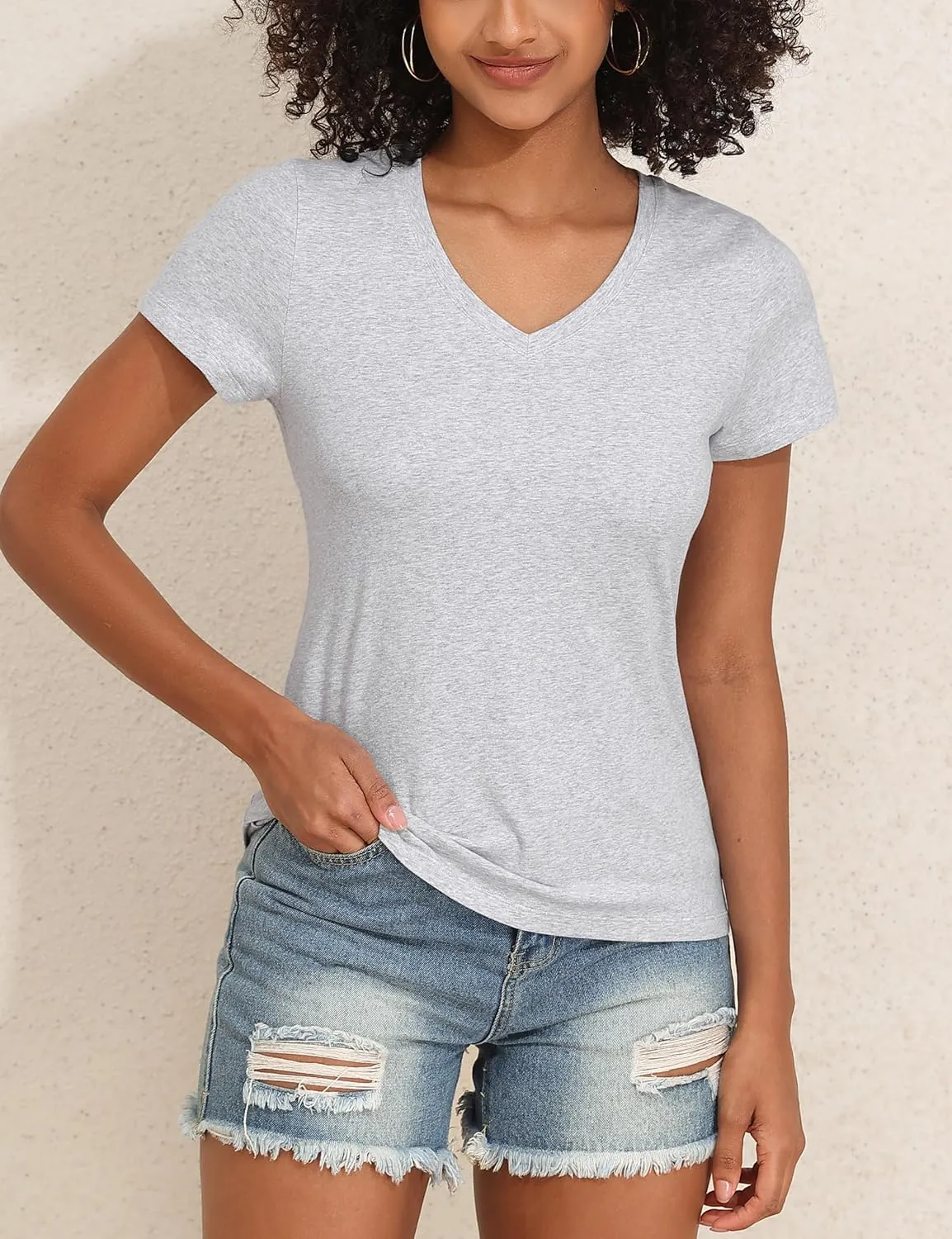 PrettyGuide Women's Tops Cotton Jersey Short Sleeve V Neck T Shirts Trendy Casual Loose Fit Summer Basic Cotton Tops Tee