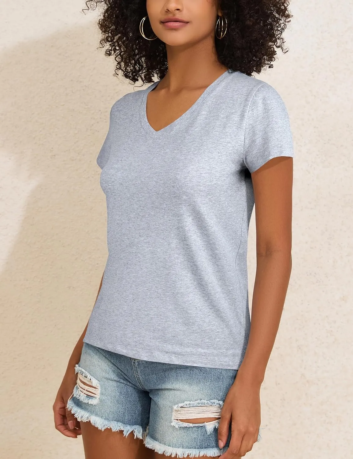 PrettyGuide Women's Tops Cotton Jersey Short Sleeve V Neck T Shirts Trendy Casual Loose Fit Summer Basic Cotton Tops Tee