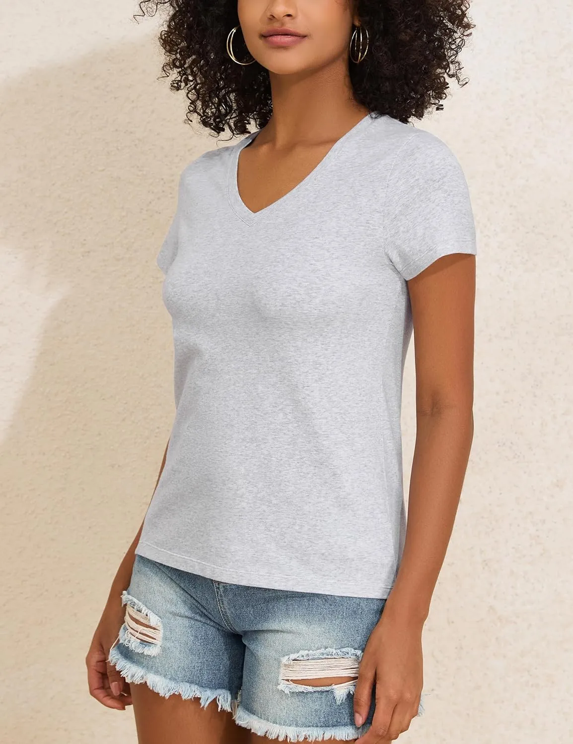 PrettyGuide Women's Tops Cotton Jersey Short Sleeve V Neck T Shirts Trendy Casual Loose Fit Summer Basic Cotton Tops Tee