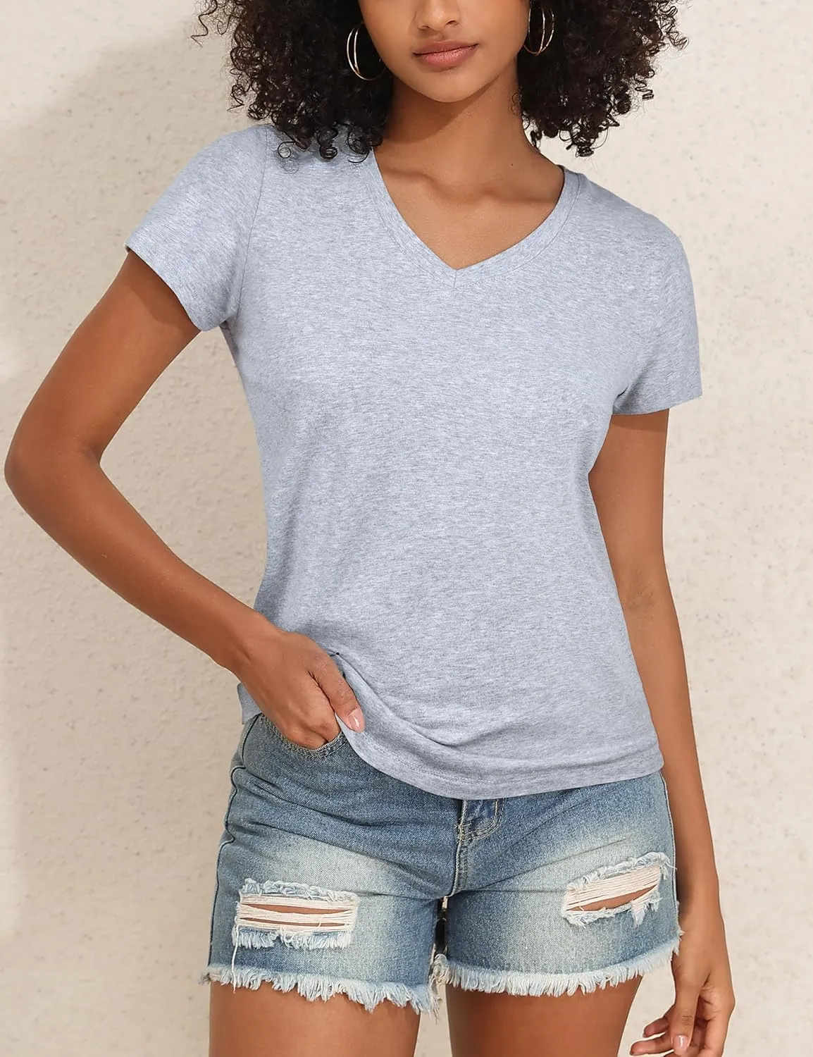 PrettyGuide Women's Tops Cotton Jersey Short Sleeve V Neck T Shirts Trendy Casual Loose Fit Summer Basic Cotton Tops Tee