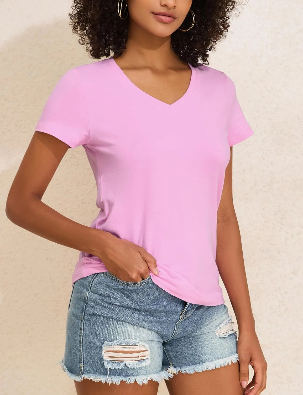 PrettyGuide Women's Tops Cotton Jersey Short Sleeve V Neck T Shirts Trendy Casual Loose Fit Summer Basic Cotton Tops Tee