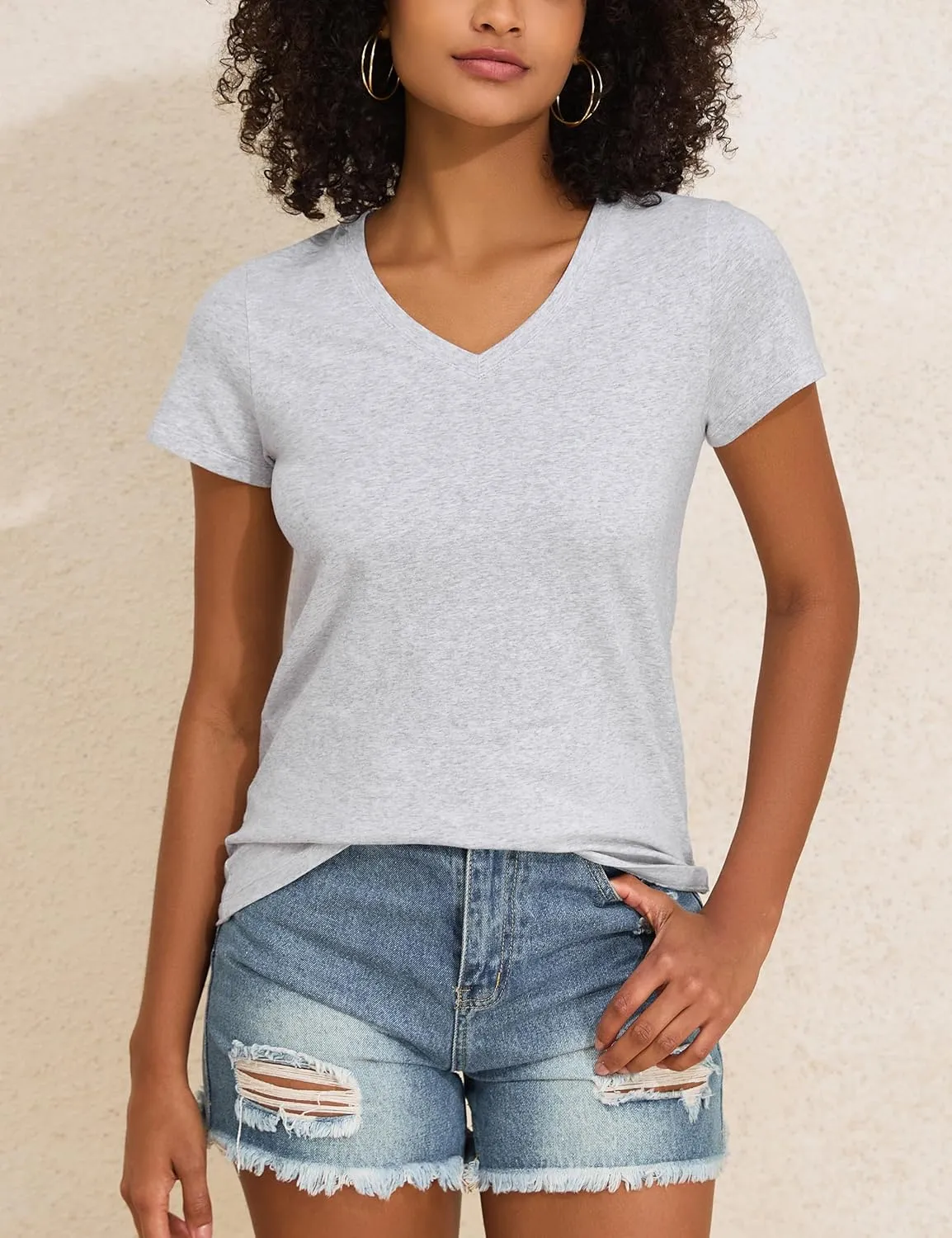PrettyGuide Women's Tops Cotton Jersey Short Sleeve V Neck T Shirts Trendy Casual Loose Fit Summer Basic Cotton Tops Tee