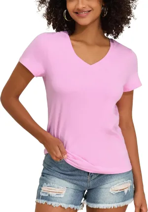 PrettyGuide Women's Tops Cotton Jersey Short Sleeve V Neck T Shirts Trendy Casual Loose Fit Summer Basic Cotton Tops Tee