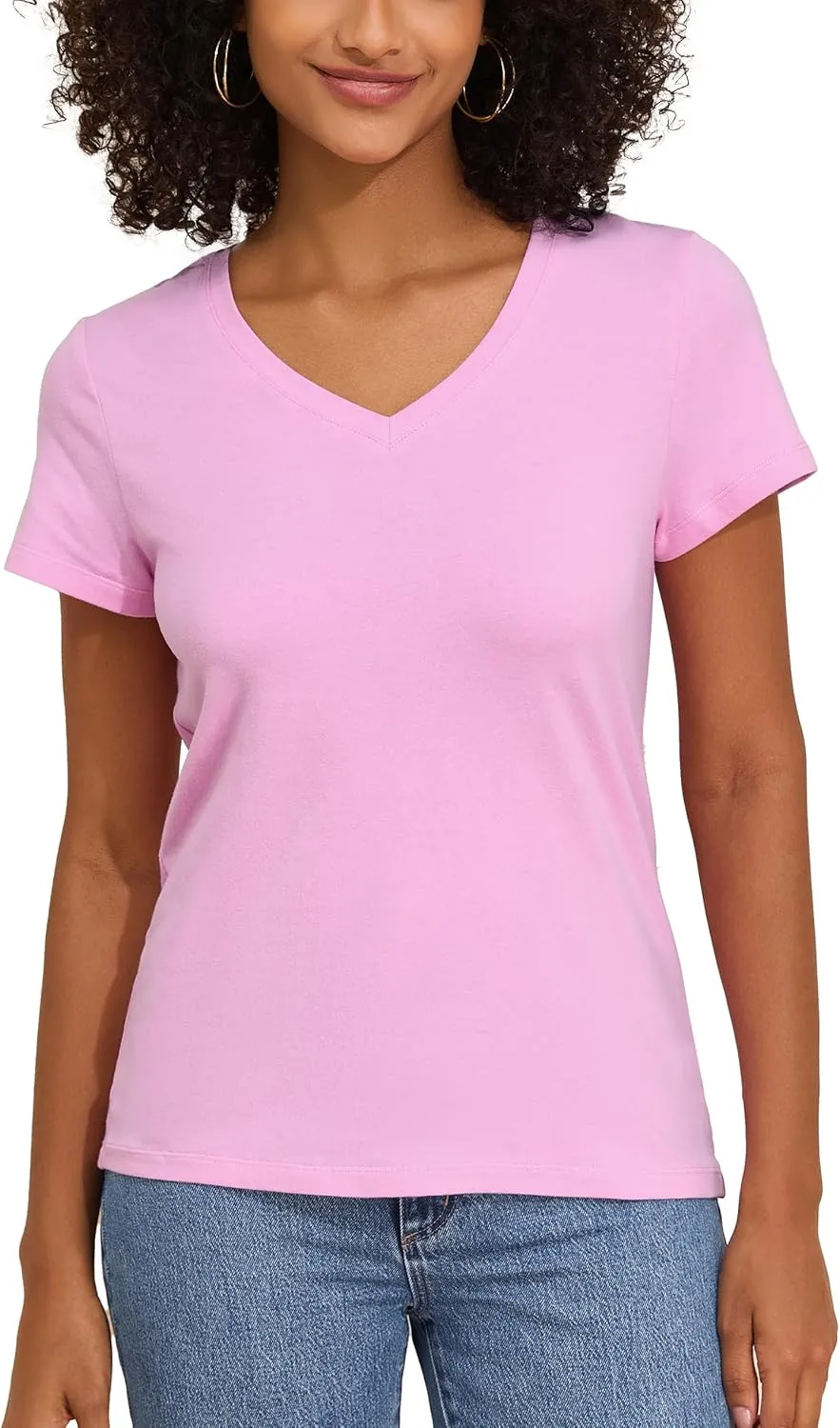PrettyGuide Women's Tops Cotton Jersey Short Sleeve V Neck T Shirts Trendy Casual Loose Fit Summer Basic Cotton Tops Tee