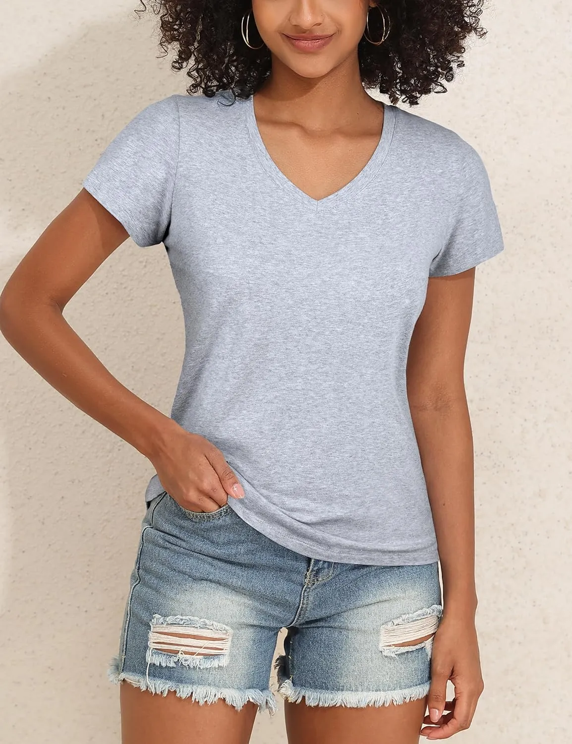 PrettyGuide Women's Tops Cotton Jersey Short Sleeve V Neck T Shirts Trendy Casual Loose Fit Summer Basic Cotton Tops Tee