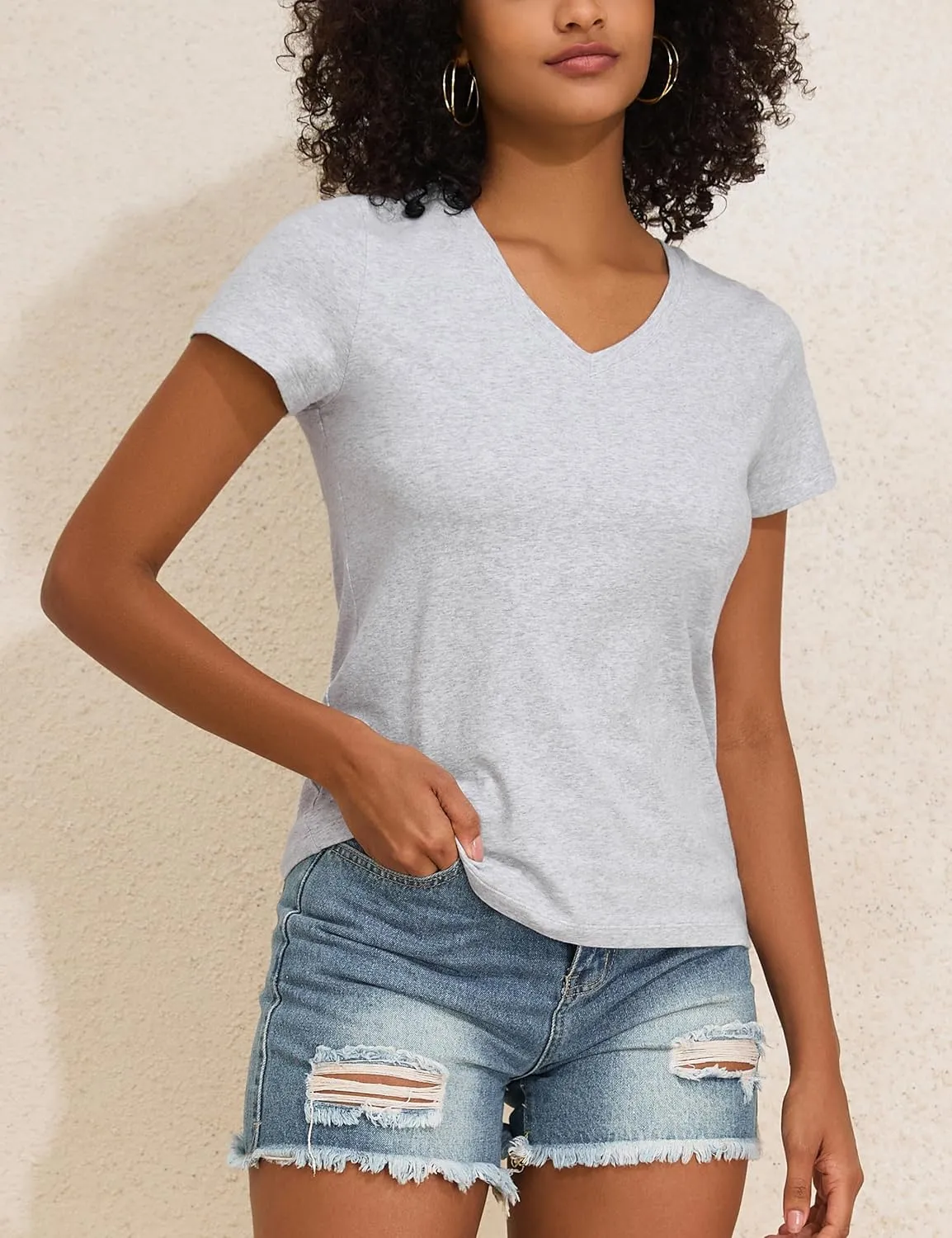 PrettyGuide Women's Tops Cotton Jersey Short Sleeve V Neck T Shirts Trendy Casual Loose Fit Summer Basic Cotton Tops Tee