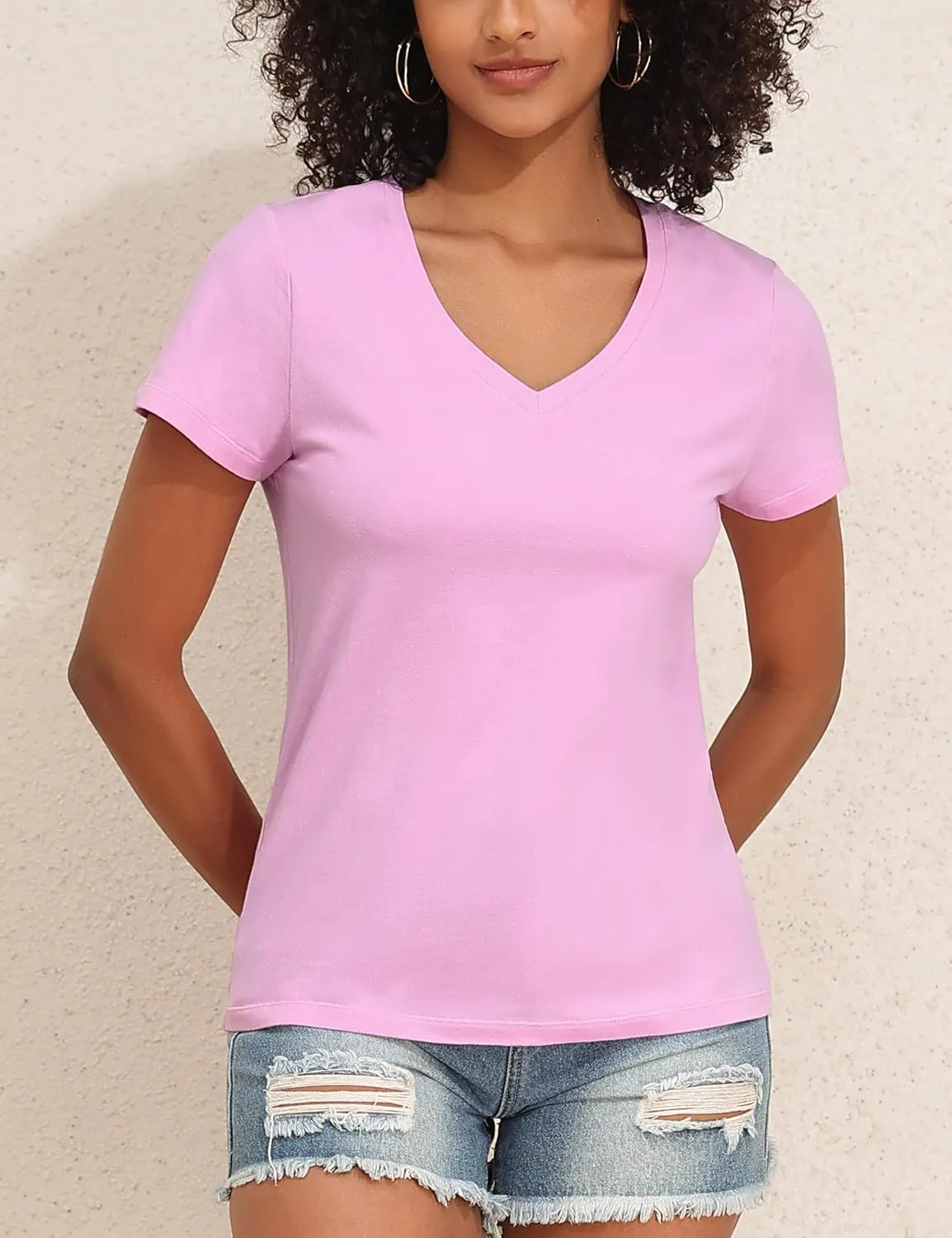 PrettyGuide Women's Tops Cotton Jersey Short Sleeve V Neck T Shirts Trendy Casual Loose Fit Summer Basic Cotton Tops Tee