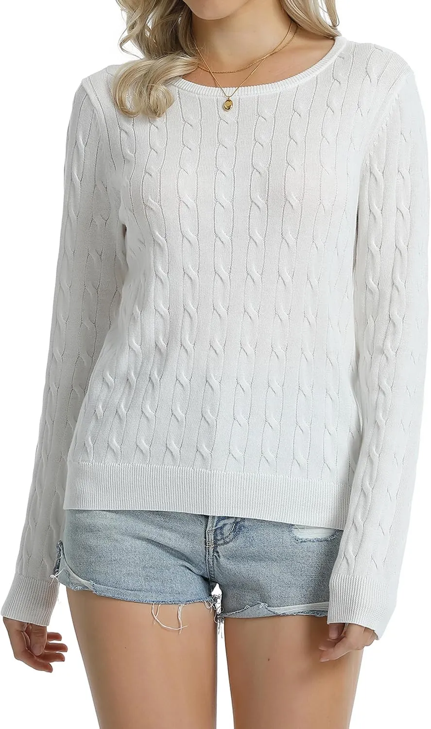 QUALFORT Women's 100% Cotton Cable Knit Sweaters Crewneck Lightweight Long Sleeve Pullover Sweater