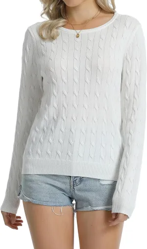 QUALFORT Women's 100% Cotton Cable Knit Sweaters Crewneck Lightweight Long Sleeve Pullover Sweater