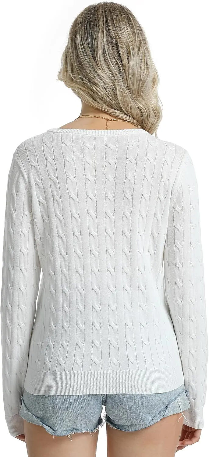 QUALFORT Women's 100% Cotton Cable Knit Sweaters Crewneck Lightweight Long Sleeve Pullover Sweater