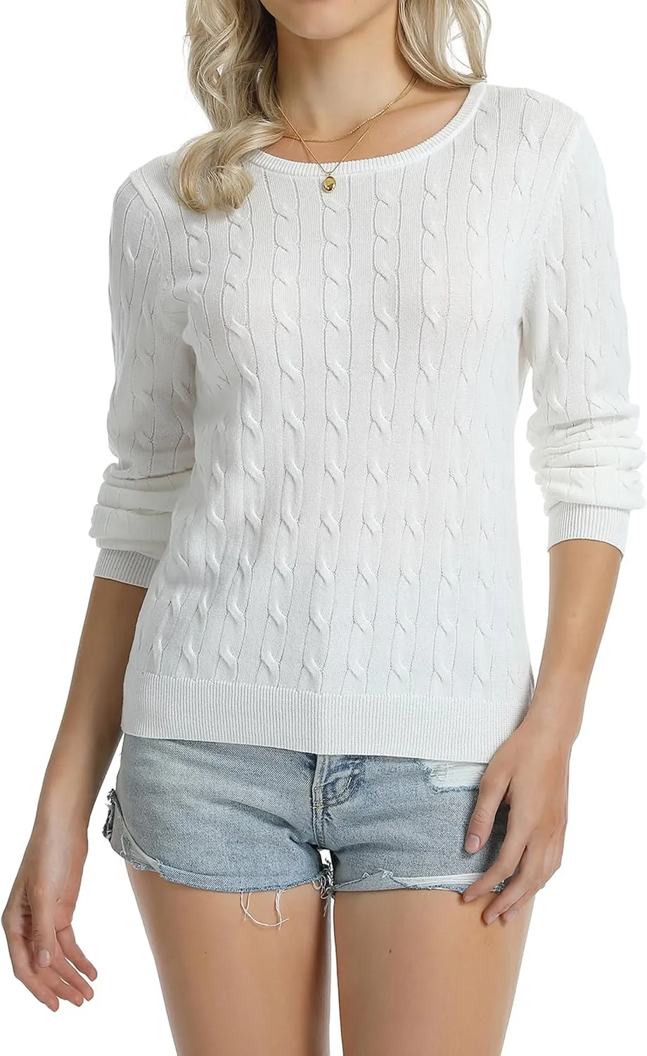QUALFORT Women's 100% Cotton Cable Knit Sweaters Crewneck Lightweight Long Sleeve Pullover Sweater