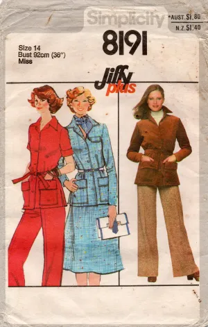 Simplicity 8191 Womens JIFFY Safari Shirt/Jacket Skirt & Pants 1970s Vintage Sewing Pattern Size 14 Bust 36 inches
