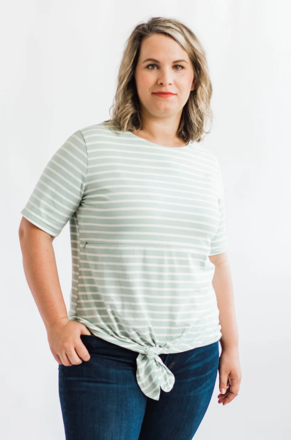 Striped Nursing T-Shirt With Front Tie- Hidden Zipper - Mint/White