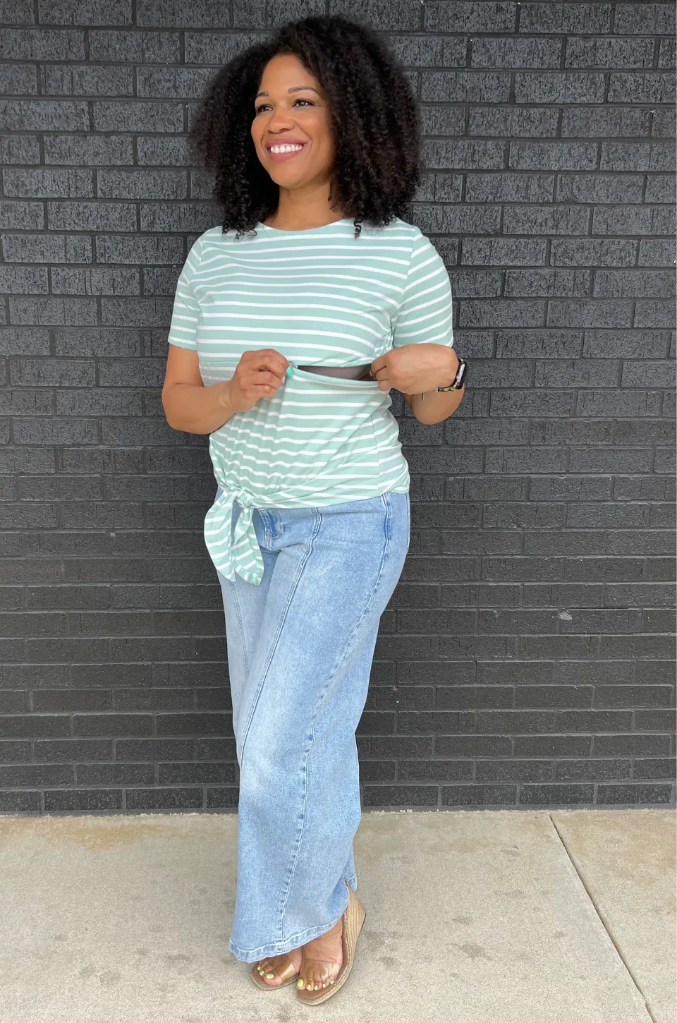 Striped Nursing T-Shirt With Front Tie- Hidden Zipper - Mint/White