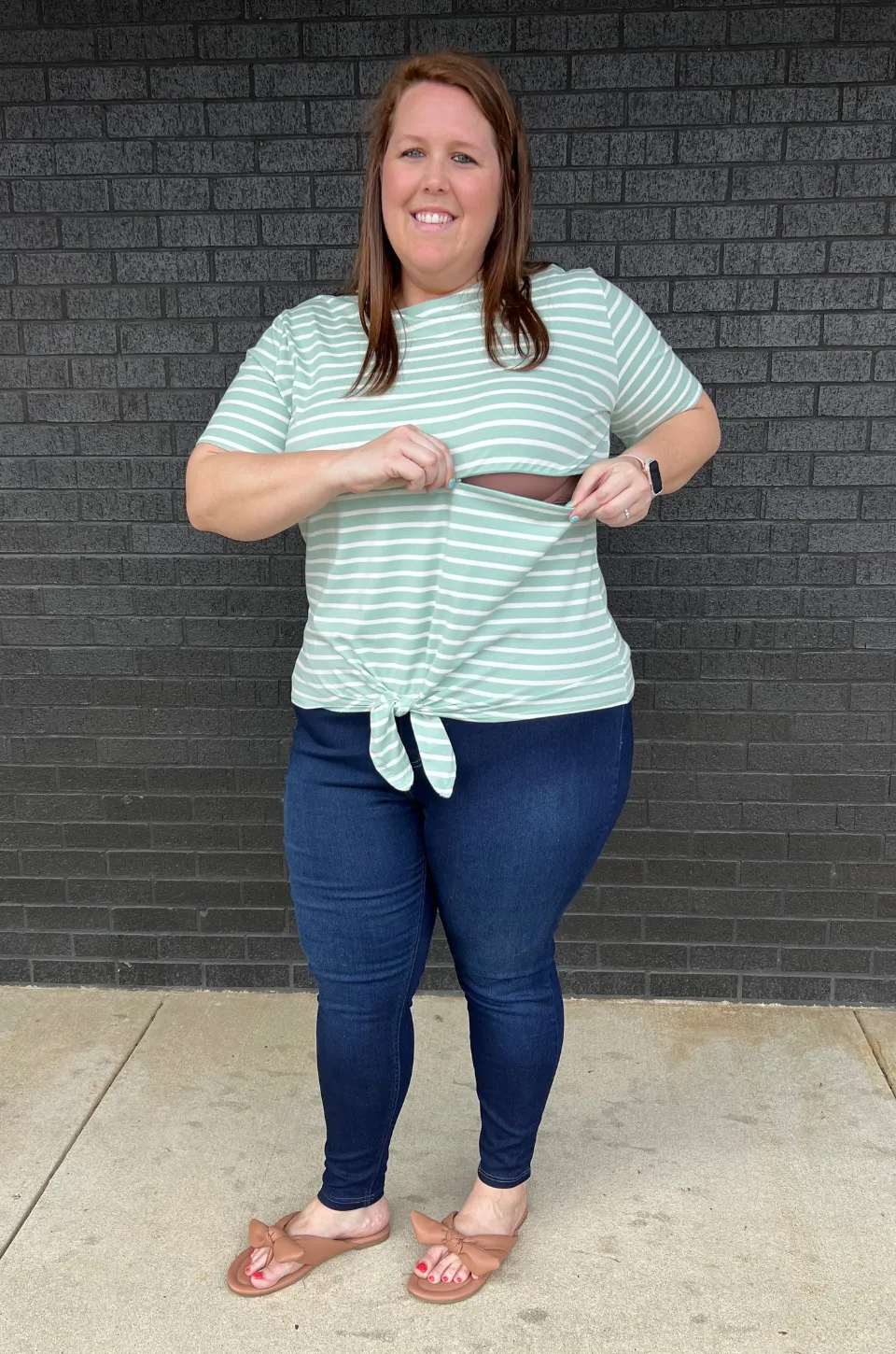 Striped Nursing T-Shirt With Front Tie- Hidden Zipper - Mint/White