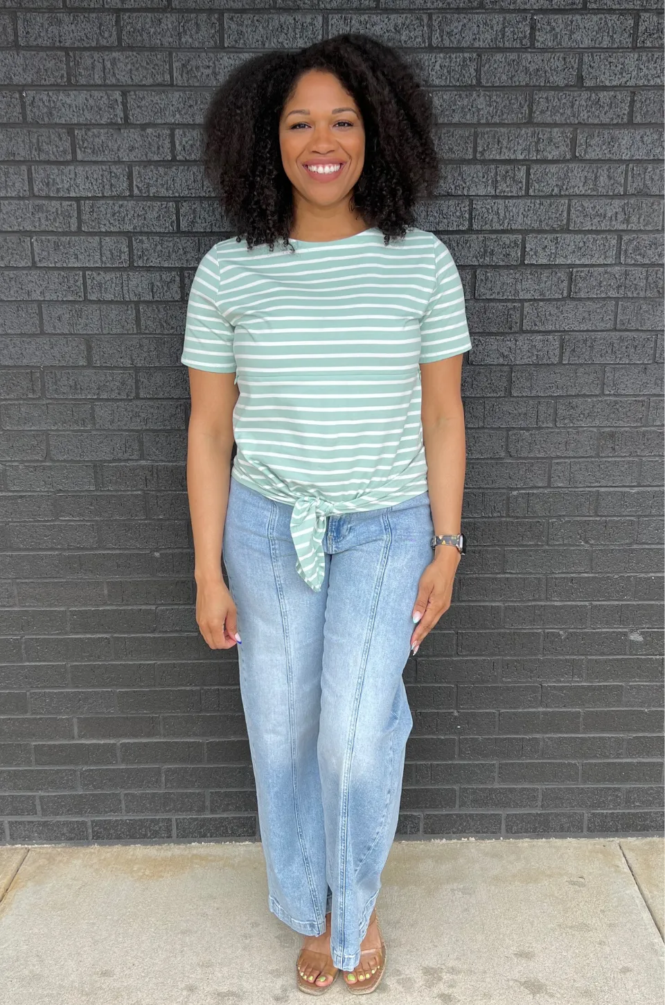 Striped Nursing T-Shirt With Front Tie- Hidden Zipper - Mint/White