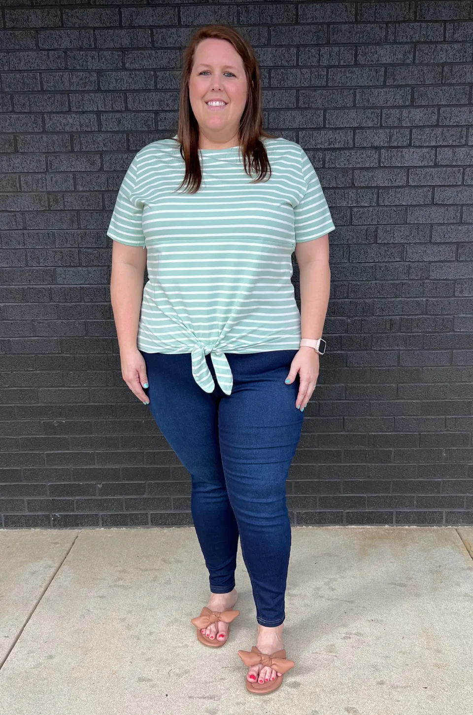 Striped Nursing T-Shirt With Front Tie- Hidden Zipper - Mint/White