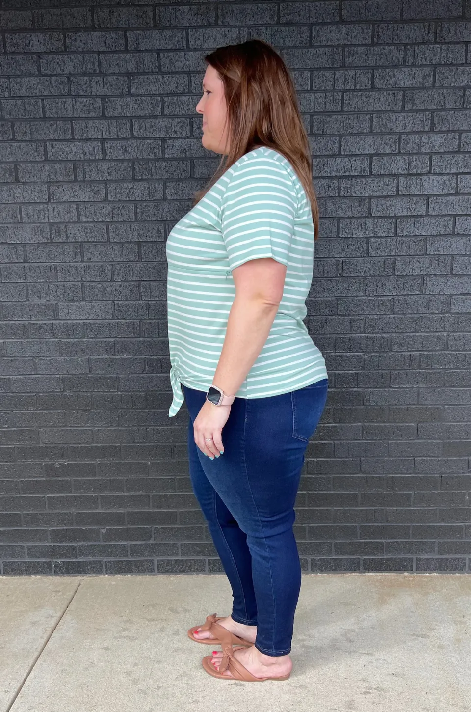 Striped Nursing T-Shirt With Front Tie- Hidden Zipper - Mint/White