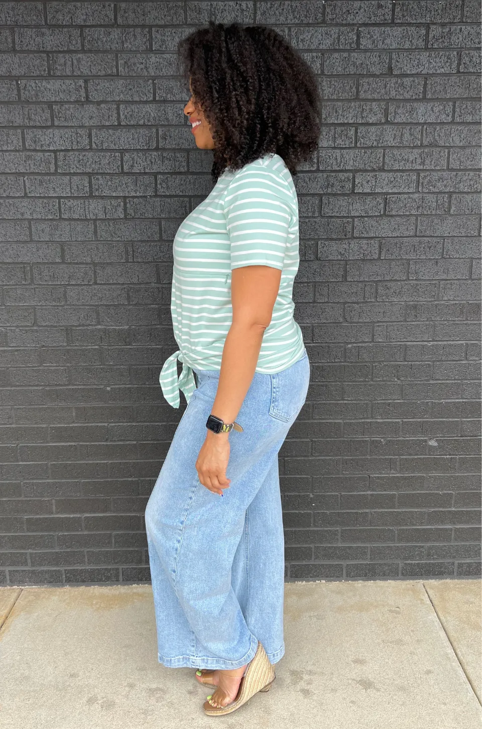 Striped Nursing T-Shirt With Front Tie- Hidden Zipper - Mint/White