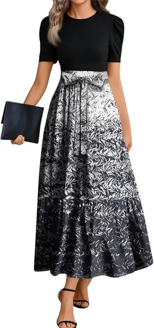 Summer Beach Vacation Clothes Spring Dresses for Women 2025 Short Sleeve Elegant Tie Waist Flowy Maxi Dress