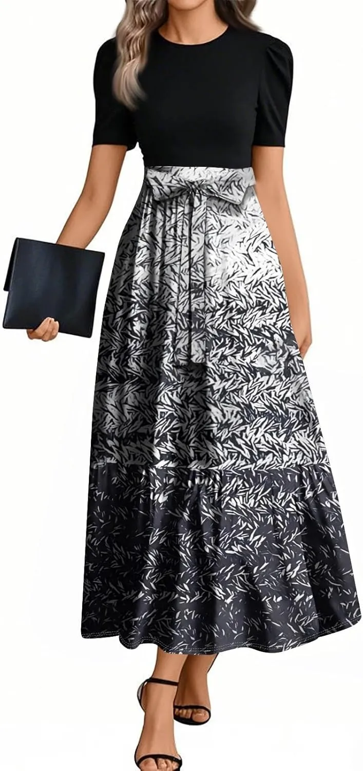 Summer Beach Vacation Clothes Spring Dresses for Women 2025 Short Sleeve Elegant Tie Waist Flowy Maxi Dress