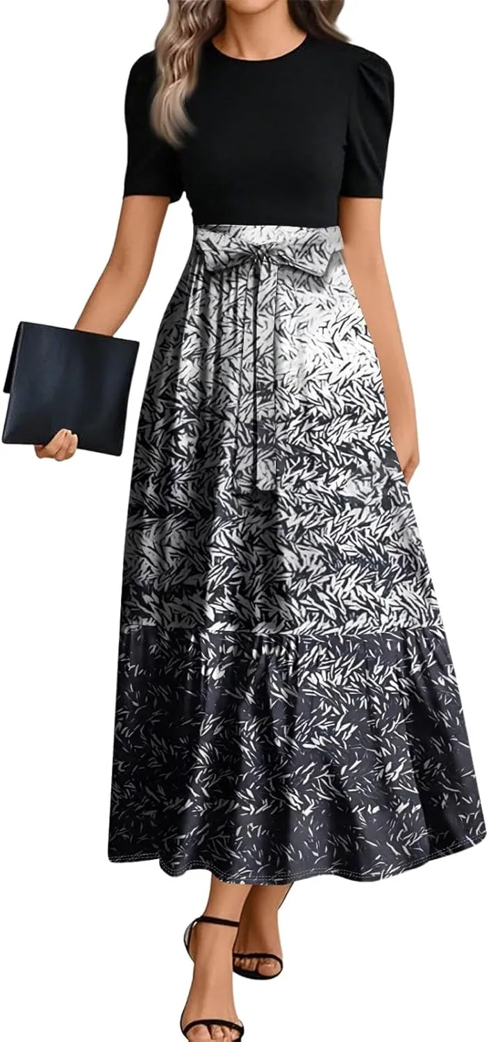 Summer Beach Vacation Clothes Spring Dresses for Women 2025 Short Sleeve Elegant Tie Waist Flowy Maxi Dress