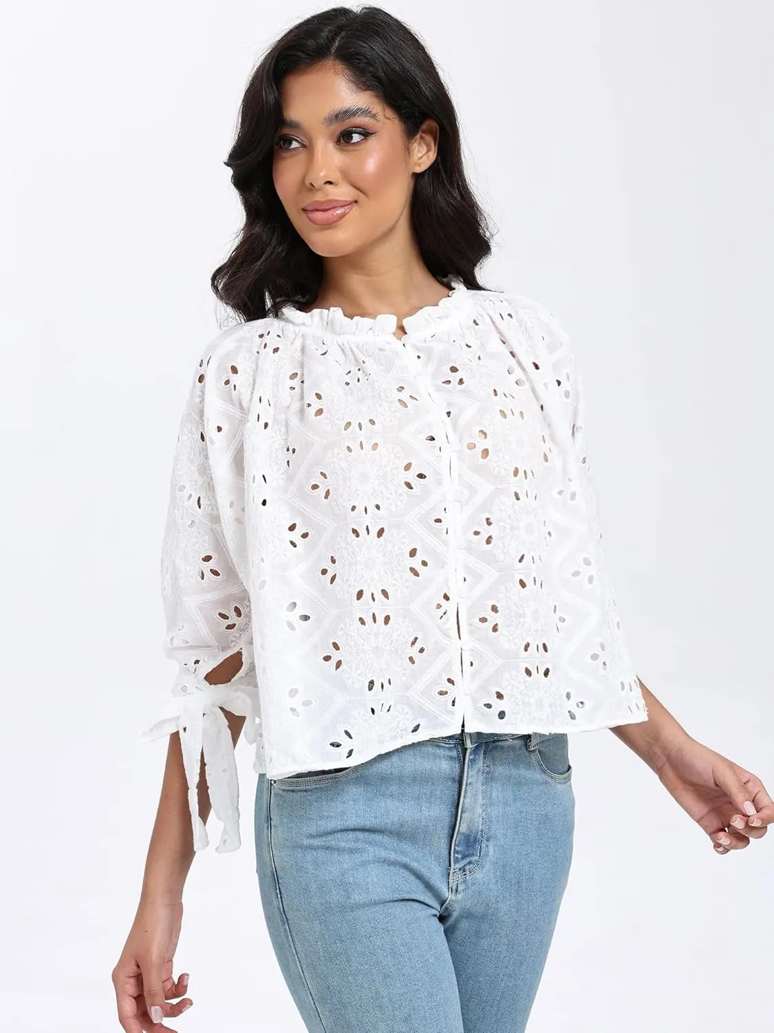 SUNNOW Women's Embroidered White Blouse Elegant Ruffled Collar Button Down Shirt Half Sleeve Casual Top