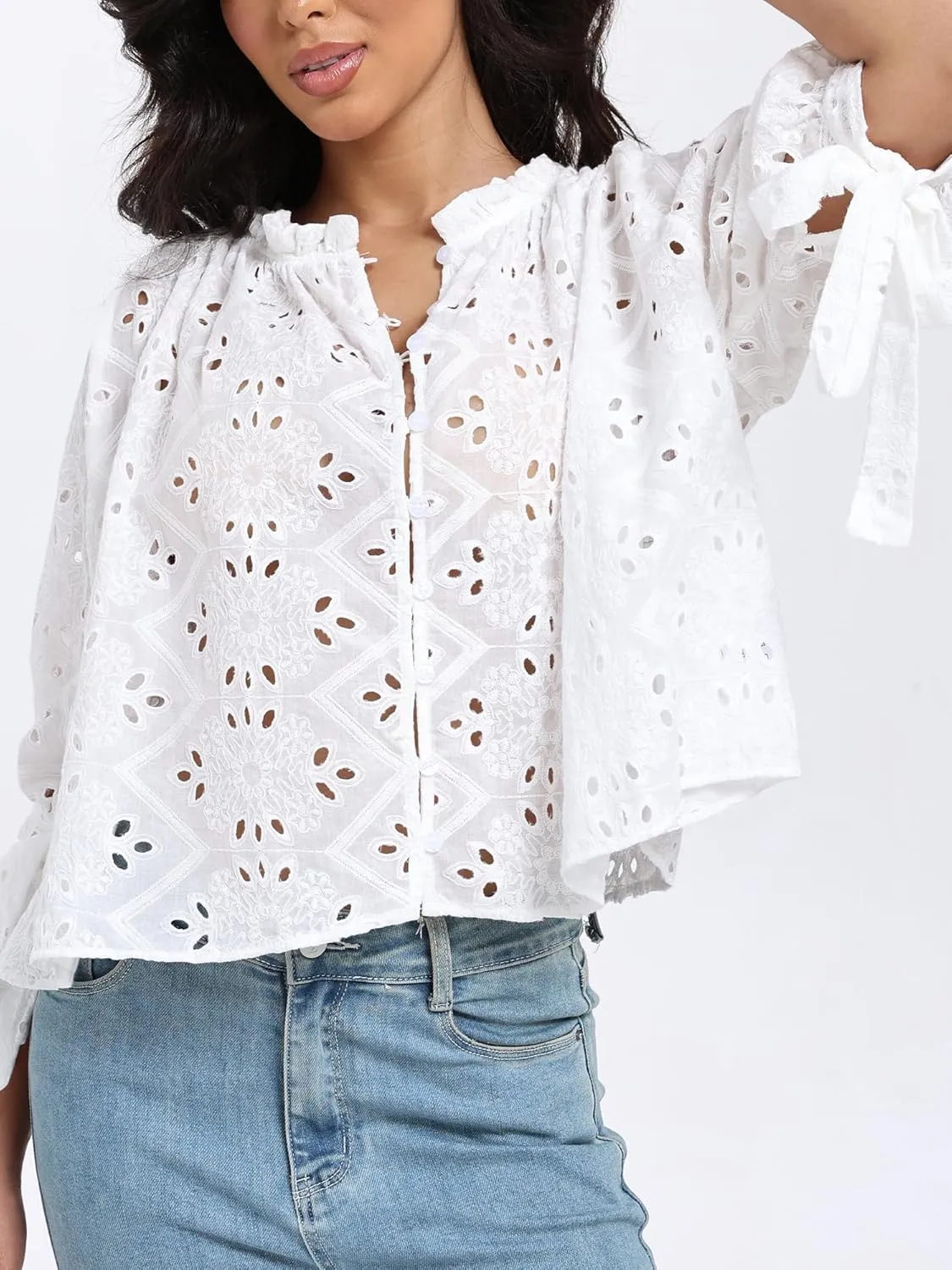 SUNNOW Women's Embroidered White Blouse Elegant Ruffled Collar Button Down Shirt Half Sleeve Casual Top