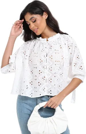 SUNNOW Women's Embroidered White Blouse Elegant Ruffled Collar Button Down Shirt Half Sleeve Casual Top