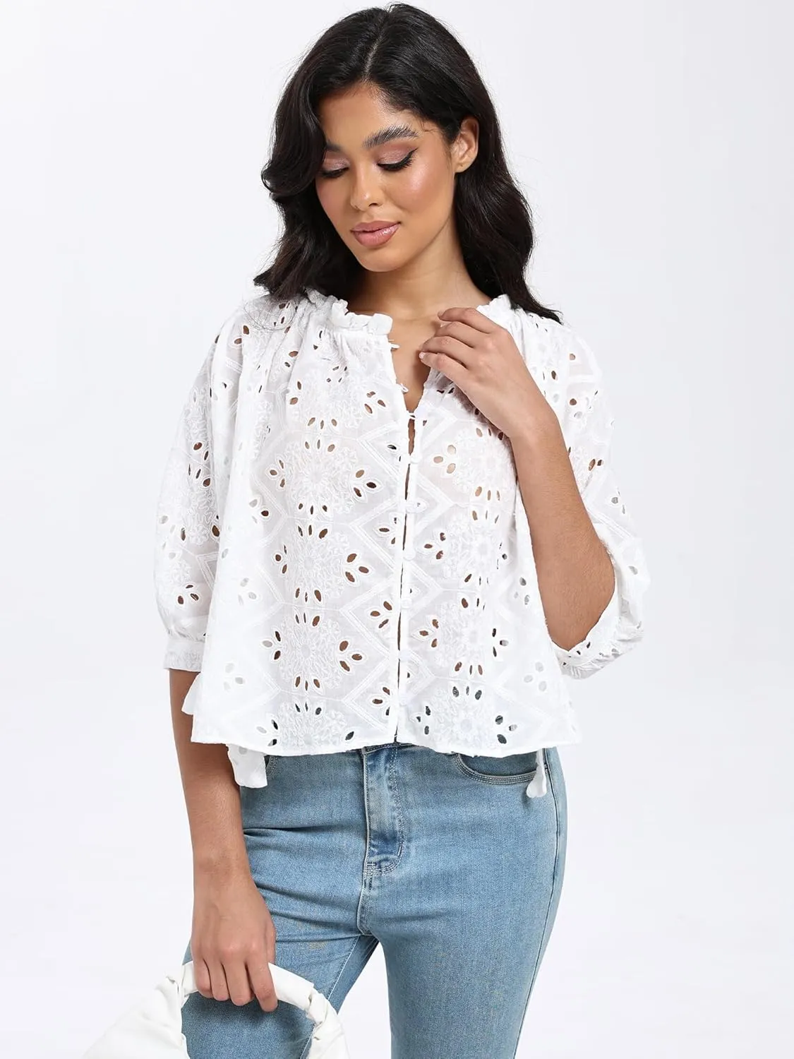 SUNNOW Women's Embroidered White Blouse Elegant Ruffled Collar Button Down Shirt Half Sleeve Casual Top