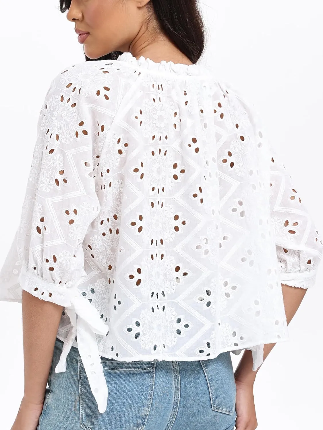 SUNNOW Women's Embroidered White Blouse Elegant Ruffled Collar Button Down Shirt Half Sleeve Casual Top