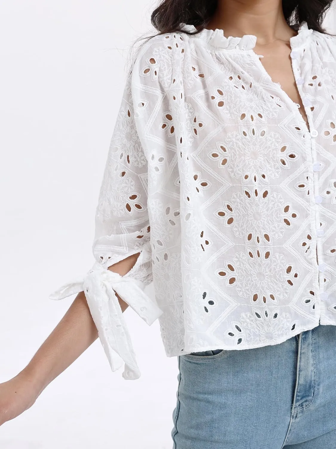 SUNNOW Women's Embroidered White Blouse Elegant Ruffled Collar Button Down Shirt Half Sleeve Casual Top