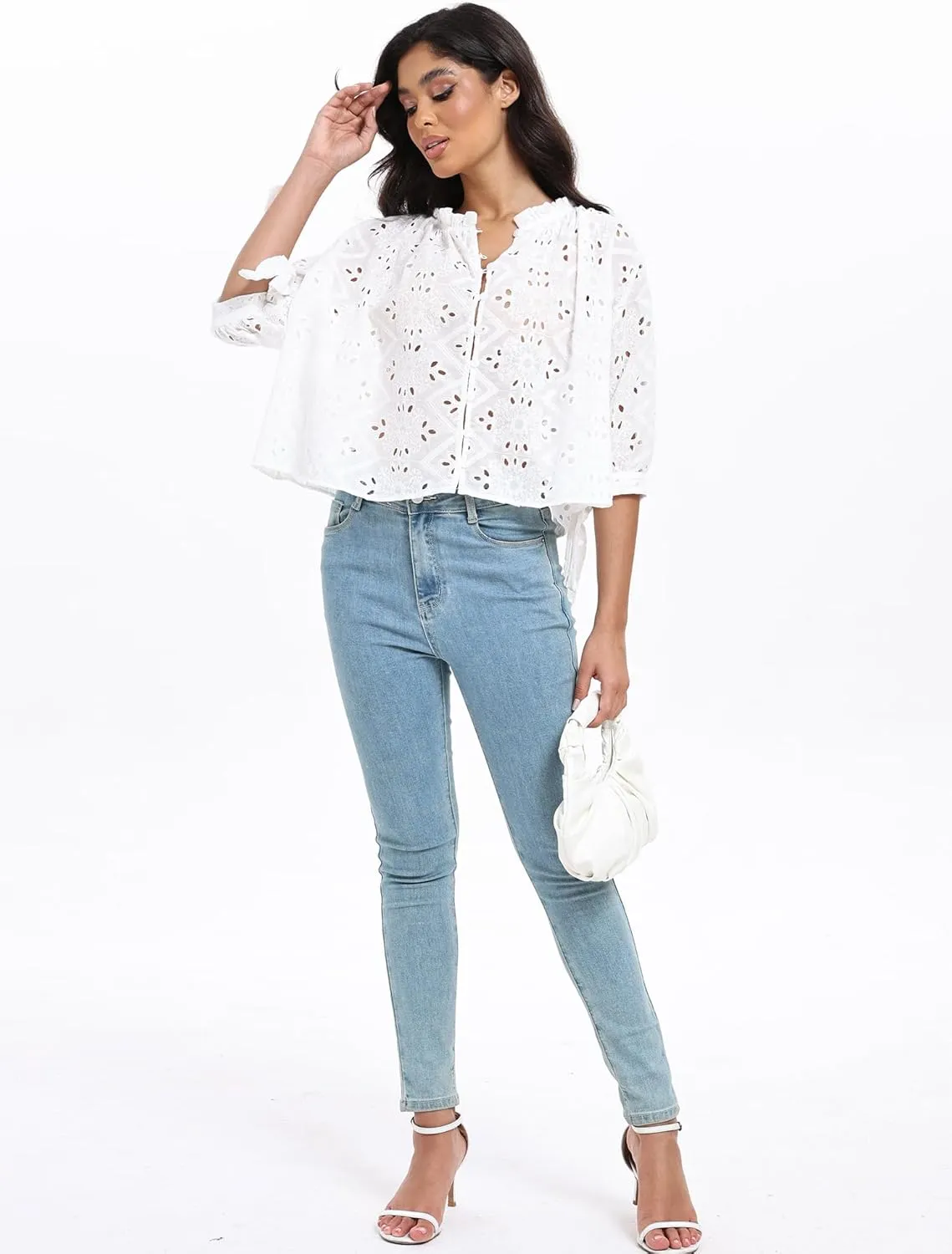 SUNNOW Women's Embroidered White Blouse Elegant Ruffled Collar Button Down Shirt Half Sleeve Casual Top